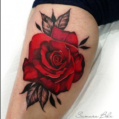 Realistic Red Rose Tattoo, Realism Rose Tattoo, Rose Tattoo Color, Coloured Rose Tattoo, Realistic Rose Tattoo, Cool Shoulder Tattoos, Rose Tattoos For Women, Cool Tattoo Drawings, Blue Rose Tattoos