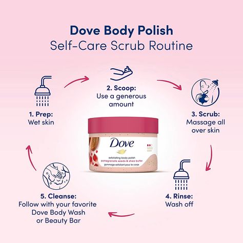 There's one essential step for achieving smooth skin that shouldn't be overlooked: exfoliation. So, gently buff away dry, dull skin while caring for your skin with Dove Pomegranate Seeds & Shea Butter Exfoliating Body Polish. Made with ¼ moisturizing cream, this exfoliating body scrub restores skin's nutrients as it exfoliates, leaving your skin feeling silky smooth. Body Skin Care Scrub & Exfoliant, How To Use Body Scrub Step By Step, How To Exfoliate Body Skin, Bath And Body Care Products, How To Use Body Scrub, Exfoliate Body Scrub, Dove Pomegranate, Exfoliating Body Scrub Diy, Dove Scrub