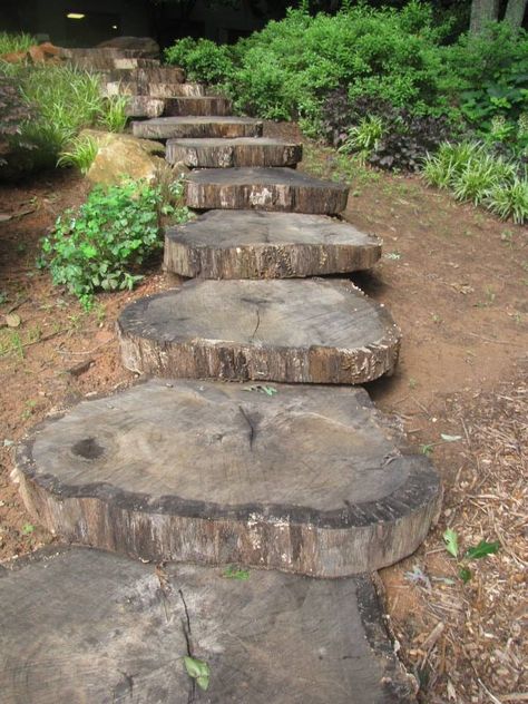 Woodchip Backyard Ideas, Log Steps Stairs, Tree Stump Stairs, Log Steps Outdoor, Log Stairs Outdoor, Log Steps, Wooded Backyard Landscape, Sloped Backyard Landscaping, Family Backyard