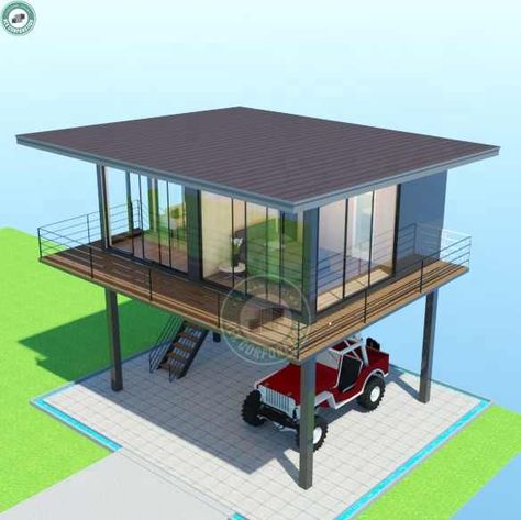 Container House On Stilts, Elevated Small House, Fasade Modern, Modern House On Stilts, Budget Floor Plans, Stilt House Design, Tiny Living Room Ideas, Elevated House Design, Stilt House Plans