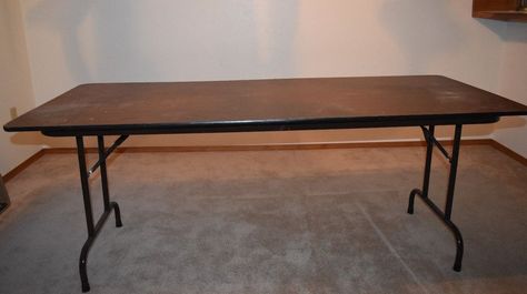 If you have a banquet-style folding table lying around you can take it and turn it into a nice-looking dining table. An inexpensive alternative to purchasing a plank-style industrial dining table. Coffee Table Into Dining Table, Long Folding Table, Build Office, Hairpin Dining Table, Desk Tags, Trestle Tables, Diy Dining Room Table, Dream Dining Room, Build A Table