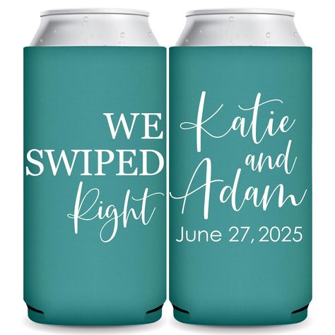 Wedding Slim Can Coolers Slim Beer Can Holders Tinder Wedding Favors for Guests in Bulk Personalized Wedding Party Favors We Swiped Right Tinder Wedding, Beer Can Holder, Custom Wedding Favours, Wedding Souvenirs, Wedding Favors For Guests, Can Holders, Spelling And Grammar, Can Coolers, Creative Wedding