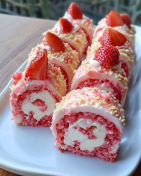 Strawberry Shortcake Cheesecake Rolls – A Delightful Fusion of Flavors - Recipes By Clare Strawberry Roll Cake Aesthetic, Strawberry Cheesecake Roll Cake, Strawberry Shortcake Cheesecake Rolls, Strawberry Cake Rolls, Strawberry Cream Roll Cake, Strawberry Cheesecake Rolls Recipe, Strawberry Shortcake Cheesecake Sushi, Strawberry Cake Roll With Cream Cheese, Strawberry Cheesecake Croissant