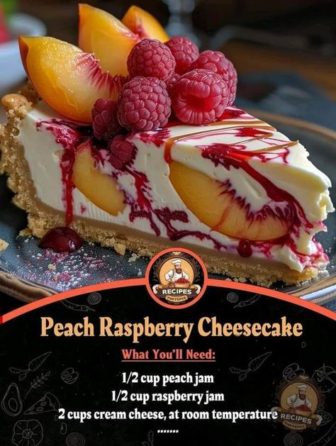 Alex Guarnaschilli 🍜 | Embrace the essence of summer gatherings with this effortlessly elegant Peach Raspberry Cheesecake recipe | Facebook Tasteful Recipes, Peach Cheesecake, Crumb Recipe, Peach Raspberry, Grandma Cooking, Jamie Oliver Recipes, Peach Jam, Raspberry Cheesecake, Creamy Cheesecake