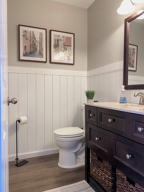 Mdf Shiplap, Half Bathroom Makeover, Shiplap Bathroom Wall, Caulk Paint, Vertical Shiplap, Beadboard Bathroom, Shiplap Boards, Wainscoting Bathroom, Shiplap Bathroom