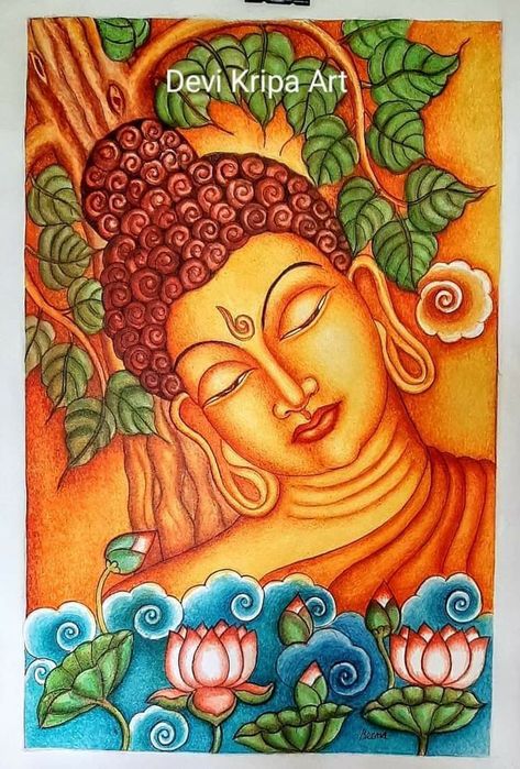 Buddha Kerala Mural Painting, Budha Kerala Mural Painting, Inspiration For Painting Ideas, Budha Painting On Canvas, Buddha Mural Painting, Kerala Mural Painting On Canvas, Mural Painting Kerala, Kerala Mural Art, Buddha Mural