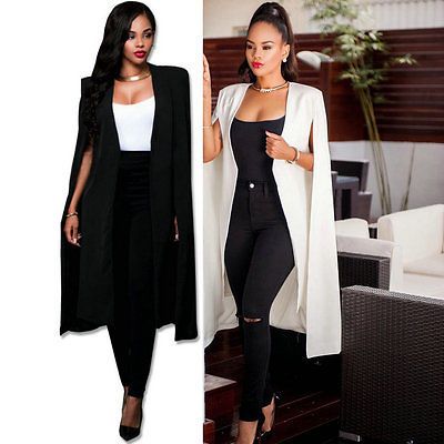 Fashion Women Cape Cardigan Blazer Long Cloak Jacket Trench Coat Jacket Outwear in Clothing, Shoes & Accessories, Women's Clothing, Coats & Jackets | eBay Cape Blazer Outfit, Cape Coat Outfit, Casual Cape, Cloak Jacket, Long Cloak, Women Cape, Chic Work Outfit, Cape Fashion, Cape Blazer