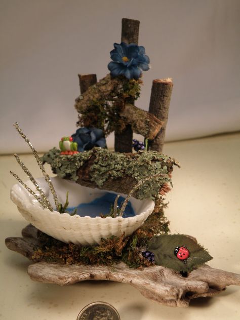 Scene Fairy Garden Fairy Seat on Shell Pond by ByTamara on Etsy, $25.00 Fairy Garden Ideas, Fairy Garden Furniture, Fairy Garden Designs, Fairy Accessories, Fairy Garden Crafts, Fairy Furniture, Faeries Gardens, Mini Fairy Garden, Fairy Crafts