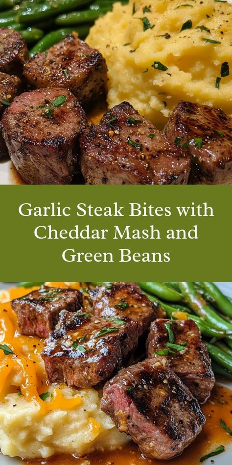 As I stirred the garlic steak bites, the aroma filled the kitchen, sparking joyful memories of family dinners. My partner smiled, setting the table, while the kids eagerly awaited their favorite meal. It was a perfect Sunday celebration together. Steak For Meal Prep, One Pan Steak And Veggies, Steak Meal Recipes, Meals With Steak Bites, Sheep Pan Dinners, Meals With Cubed Steak, Ribeye Steak Bites Recipe, Garlic Butter Steak Bites And Cheesy Mashed Potatoes, Recipes With Cubed Steak