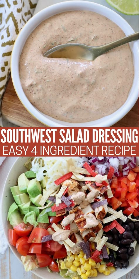 salad dressing in small bowl with spoon and on top of salad in bowl Carne Asada Salad Dressing, Southwest Salad Dressing Greek Yogurt, Southwest Dressing Recipe, Southwest Dressing Healthy, Southwestern Salad Dressing, Taco Salad Dressing Recipe, Southwest Salad Dressing Recipe, Vegan Southwest Dressing, Dipping Sauce For Veggies