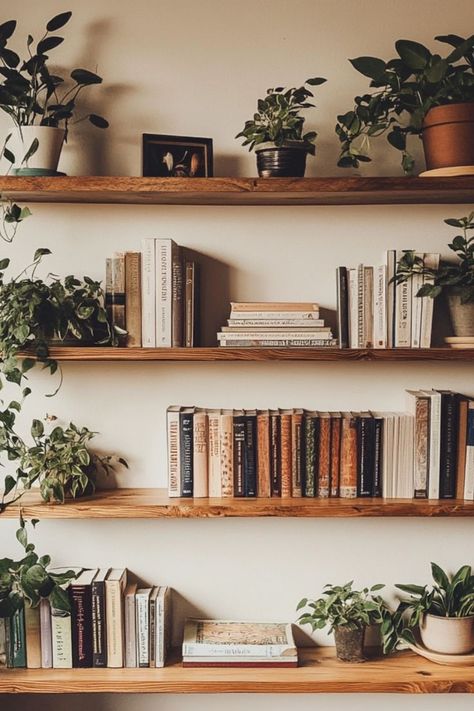 Maximize space and add style with DIY floating shelves. Perfect for small apartments and organized storage! #FloatingShelves #DIYOrganization #SpaceSaving Large Floating Book Shelves, Display Books On Shelves, How To Hang Bookshelves On Wall, Long Book Shelves On Wall, Diy Floating Bookshelf Wall, Making Small Shelves, Types Of Shelving, Open Shelves Library, Wrap Around Floating Shelves