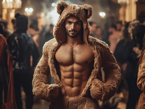 When Teddy Gets Cocky Alright, let's break this soft furball down. Here we have a prime example of a supposed "teddy bear" costume—though, trust me, this guy’s putting in more effort showing off abs than scaring anyone. Muscles on full display, hood with tiny ears up like he's a threat… Please. What he doesn’t realize is that in the time it takes him to adjust his bear-hood for that "perfect shot," I could have immobilized him thrice over with the zipper alone. An impressive physique? Sure. ... Teddy Bear Men, Teddy Bear Costume, Tom And Friends, Teddy Bear Clothes, Bear Costume, Fur Texture, Petting Zoo, October 29, Muscular Men