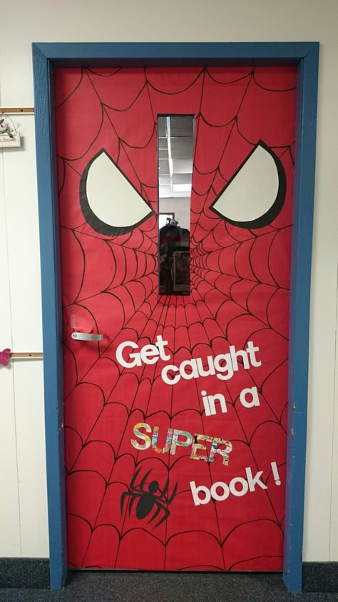 Spiderman superhero door decoration Marvel Classroom, Superhero Classroom Door, Superhero School Theme, Superhero Door, Hero Classroom Theme, Superhero School, School Display, Superhero Classroom Theme, Superhero Decorations