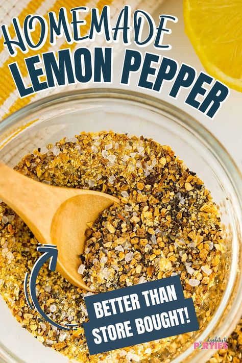 This homemade lemon pepper seasoning recipe is a must-have! Easy, quick, and delicious this DIY seasoning mix needs only 5 ingredients and is bursting with lemon flavor. It's perfect for jazzing up chicken, fish, wings, vegetables and more. Best of all when you make your own seasoning substitute, you can adjust it to your tastes which is especially good for those of us on a salt free or low sodium diet. Lemon Pepper Seasoning Recipe, Flavored Salts Recipes, Seasoning Salt Recipe, Lemon Seasoning, Homemade Dry Mixes, Salt Free Seasoning, Homemade Spice Mix, Pepper Seasoning, Spice Blends Recipes