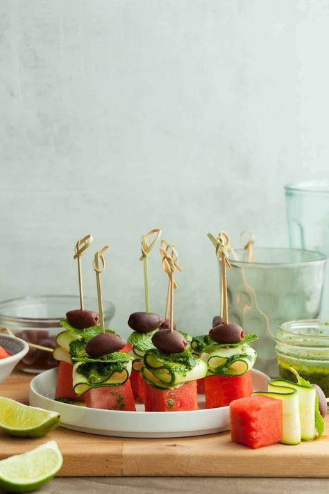 Watermelon Skewers, Watermelon Appetizer, Vegan Apps, Skewer Appetizers, Sweet Watermelon, Mint Oil, Grain Free Granola, Lime Oil, Watermelon Salad