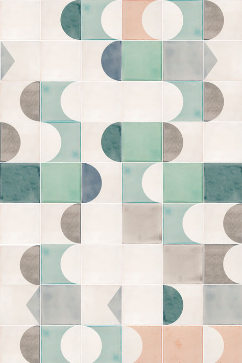 A handmade tile layout design in three colourways - suitable for kitchen and bathroom walls Fun Tile Patterns, Abstract Tiles Bathroom, Mid Century Modern Tiles, Graphic Tile Bathroom, Colourful Bathroom Tiles, Harmonious Colours, Conversation Between Two People, Printed Tiles, Patterned Bathroom Tiles