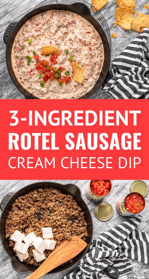 3-Ingredient Rotel Sausage Cream Cheese Dip -- If you're looking for an insanely easy and delicious dip recipe, this sausage cream cheese dip is THE ONE!! Just 3 ingredients + 3 steps to prepare... AND you can choose to make it on the stovetop or in your crockpot. SUPER SIMPLE! | rotel sausage dip | sausage dip recipe | crockpot sausage dip | easy dip recipes Crockpot Sausage Dip, Cheese Dip Crockpot, Rotel Dip With Sausage, Sausage Cream Cheese Dip, Dip Crockpot, Sausage Dip Recipe, Cheese Dip Crock Pot, Dip Recipes Crockpot, Sausage Cream Cheese