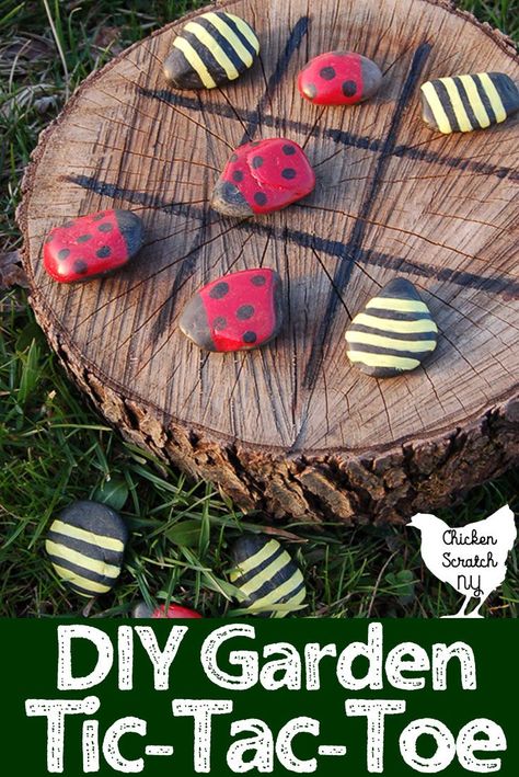 DIY a tic-tac-toe game board for fun indoors or in the garden. Turn river rocks into lady bugs and bumble bees for a battle of the bugs on a wooden stump or slice for hours of fun #gardenDIY #DIYgame #tictactoe #paintedrocks Homemade Outdoor Games, Tic Tac Toe Diy, Yard Games For Kids, Homemade Games, Garden Party Games, Diy Yard Games, Diy Frühling, Outdoor Games For Kids, Garden Games