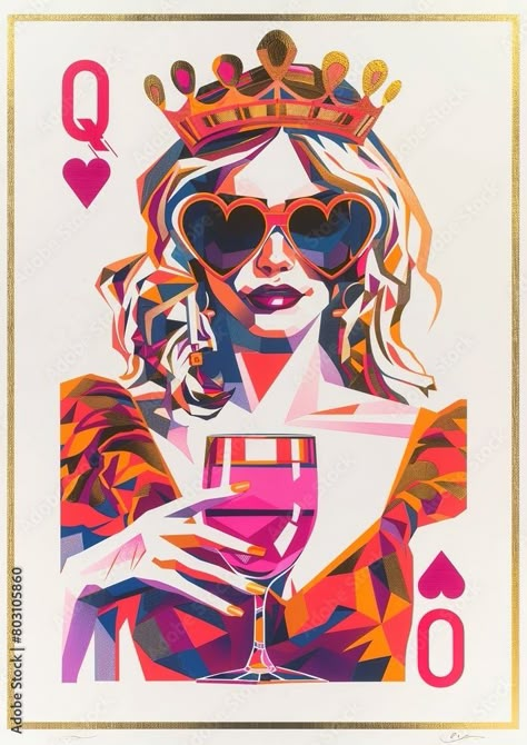 Playing Cards Drawing, Playing Cards Queen, Casino Illustration, Queen Illustration, Casino Art, Las Vegas Art, Casino Cards, Queen Of Clubs, Queen Of Diamonds