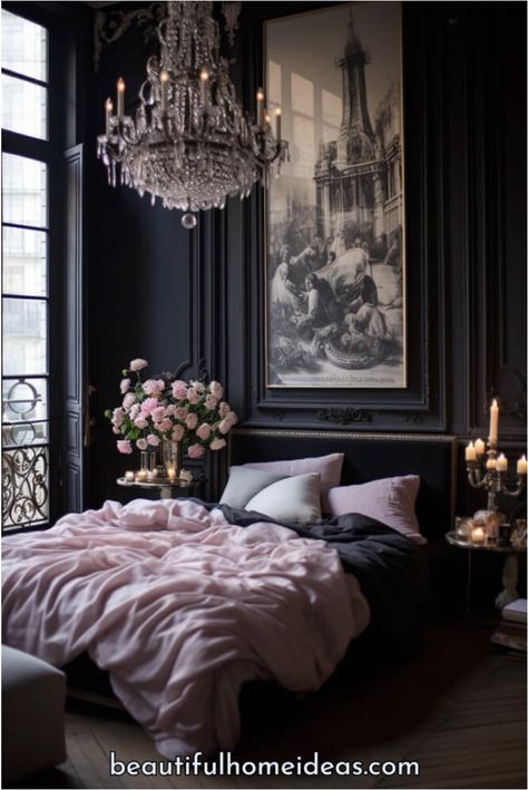 Gothic Glam Bedroom Ideas, Fashionista Bedroom Aesthetic, Dark Moody Feminine Bedroom, Dark Romance Bedroom, Feminine Bedroom Aesthetic, Feminine Bedrooms, Pink Black Bedrooms, Moody Bedrooms, Feminine Bedroom Ideas