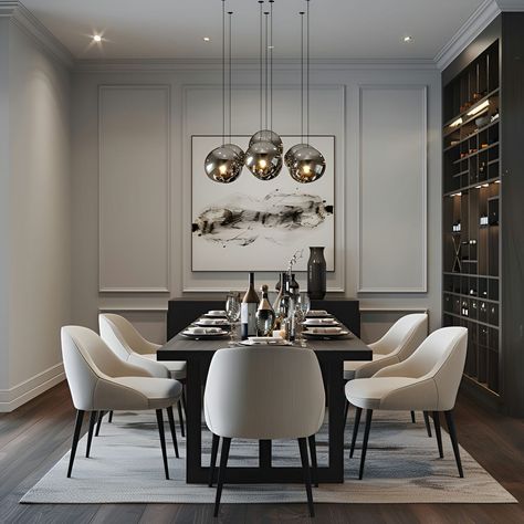 Modern dining room featuring black and white furniture, a sleek black table paired with white chairs, and a sophisticated wine cabinet on the right wall. The room is highlighted by a striking, large abstract painting framed in marble and elegant pendant lights casting a warm glow over the table. The space is designed with grey wall panels and a dark wood floor, encapsulating a minimalist yet luxurious aesthetic. Gray White Dining Room, 12 Person Table Dining Rooms, Light Grey Walls Dining Room, Black And Light Wood Dining Room, Stunning Dining Rooms, Dining Room Decor Dark Floors, Dining Room Wall Idea, Black Table White Chairs Dining Rooms, Dining Area Design Modern Luxury