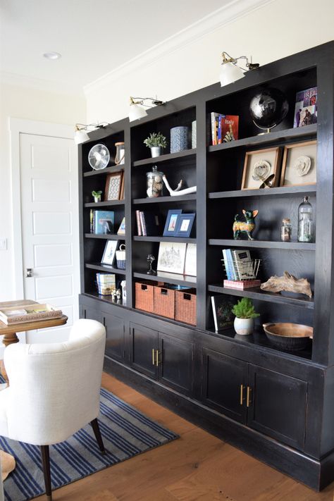 Bookshelf styling on large bookcase in home office. Black Bookshelves, Black Bookshelf, Large Bookshelves, Black Bookcase, Large Bookcase, In Home Office, Bookcase Styling, Bookcase Decor, Bookshelf Styling