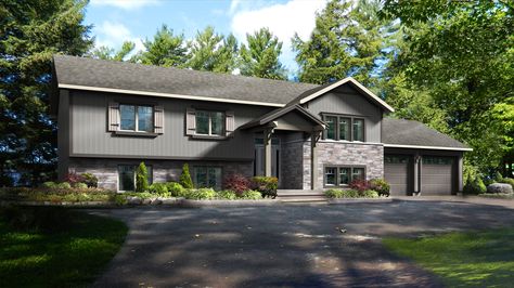 Raised Bungalow Exterior, Split Level House Design, Split Level Home Designs, Raised Bungalow, Split Level House Exterior, Entry Remodel, Split Entry Remodel, Beaver Homes And Cottages, Beaver Homes