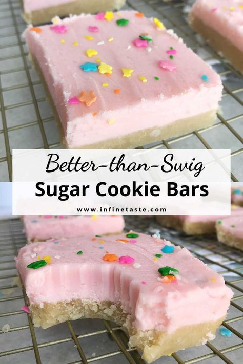 Sugar Cookie Bar, Delicious Buttercream Frosting, Swig Cookies, Swig Sugar Cookies, Sugar Cookie Bar Recipe, Almond Frosting, Soft Sugar Cookie, Almond Sugar Cookies, Sugar Cookie Cakes