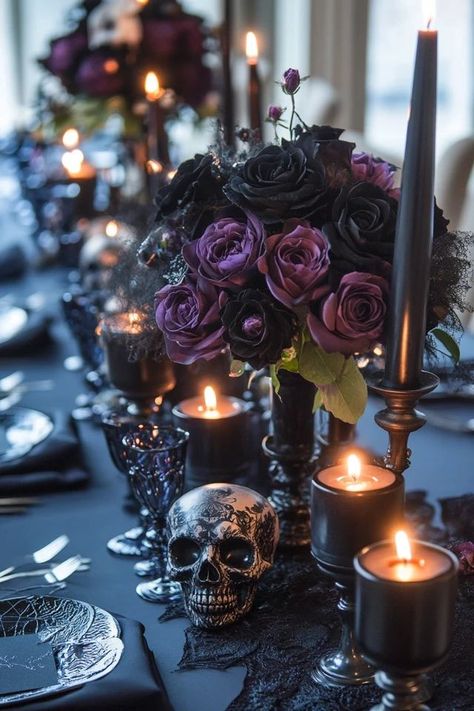 "Bring a bit of Halloween magic to your table with DIY Halloween Centerpieces! 🕯️🎃 Perfect for crafting a creepy, custom look for your Halloween party. 🌟✨ #HalloweenDIY #SpookyDecor #TableIdeas" Haunted Table Setting, Halloween Banquet Decorations, Witch Coven Halloween Party, Underworld Theme Party, Gothic Reception Ideas, Witch Party Table Decor, Skull Themed Halloween Party, Halloween Party Centerpieces For Table, Halloween Theme Quinceanera