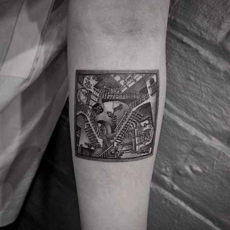 Relativity Tattoo, Mc Escher Tattoo, Escher Relativity, Escher Tattoo, M C Escher, Mc Escher, Triangle Tattoo, Tattoos, Quick Saves