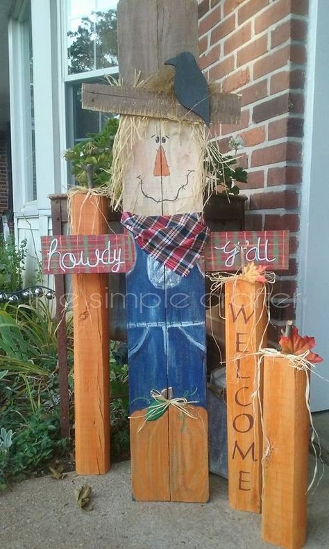 Wooden Scarecrow, Wood Scarecrow, 2x4 Crafts, Fall Pumpkin Sign, Autumn Blessings, Scarecrow Crafts, Fall Wood Crafts, Wood Yard Art, Halloween Wood Crafts