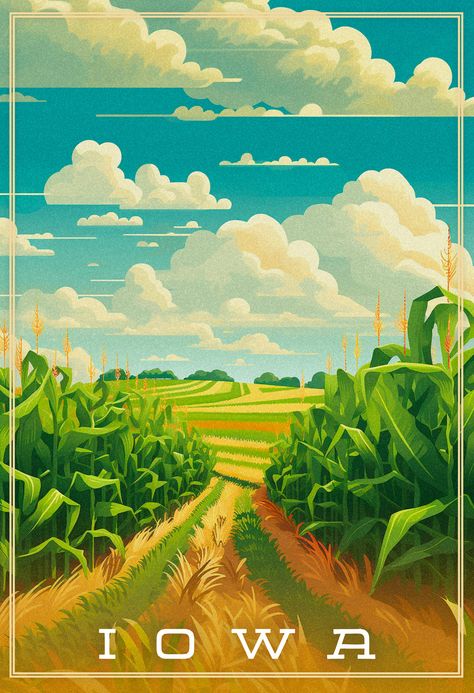 This art represents the largest producer of corn in the USA: the state of Iowa. Corn Field Illustration, Iowa Aesthetic, Miroslav Sasek, Iowa Landscape, Country Illustration, West Aesthetic, Midwest Art, Wanderlust Decor, Field Art