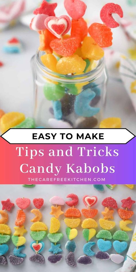 If you’re looking for a fun and colorful way to celebrate, these colorful Candy Kabobs are just the thing. Perfect for birthday parties, showers, and holiday celebrations for all ages, Candy Kabobs are as fun to make as they are adorable and delicious. #thecarefreekitchen #candy #kabobs #candykabobs #dessert #sweettreat #gummycandies Gummy Skewers, Candy On A Stick, Christmas Candy Kabobs, Candy Kebabs Sticks, Halloween Candy Kabobs Diy, Candy Skewers Kabobs, How To Make Candy Kabobs, Candy Cabob, Diy Candy Kebobs