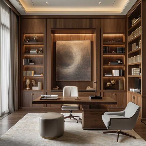 20+ Wall Wood Paneling Ideas to Create a Captivating Home Aesthetic • 333+ Images • [ArtFacade] Office With Wall Paneling, Office Shelves Ideas, Cozy Office Ideas At Work, Modern Working Room, Wooden Office Design, Wood Office Design, Wood Panel Office, Home Study Room Ideas, Wall Wood Paneling Ideas