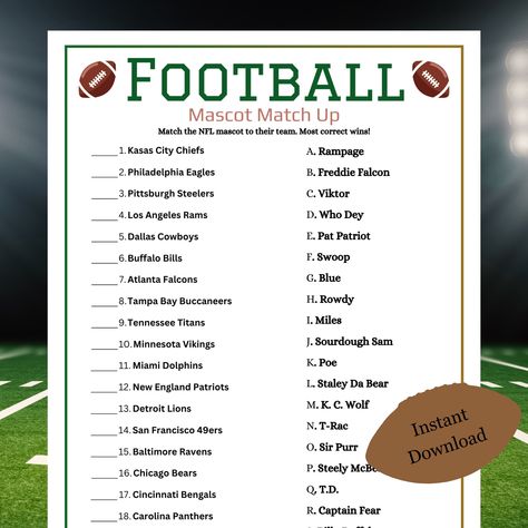 Football Mascot Match Up, Football Party Games, Super Bowl Games, Sunday Football, Football Activity for Kids and Adults, Football Trivia Football Party Activities, Super Bowl Games, Football Activities, Football Trivia, Football Party Games, Football Event, Football Activity, Football Parties, Superbowl Game