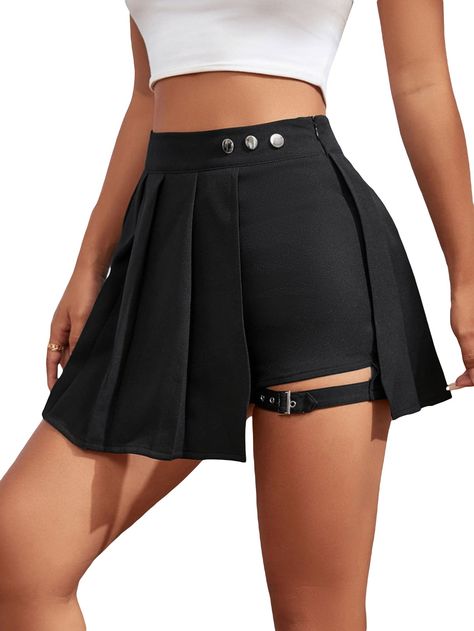 Elegant Fitted Skort (skirt Shorts), Skorts Skirts Outfit, Black Skirted Pleated Shorts, Black Pleated Hem Short Skort, Black Skort (shorts With Skirt Shape), High Waist Black Skort With Built-in Shorts, Skirt Shorts Outfit, Skort Outfit, Short Pollera