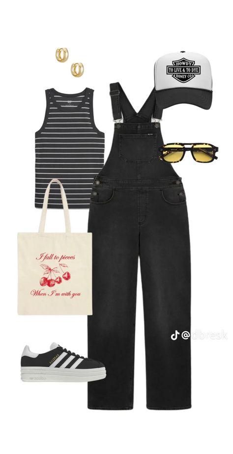 Cosmetology Outfits Ideas, Black Dungarees Outfit, Black Outfits Summer, Black Overalls Outfit, Overalls Outfit, Black Overalls, All Black Outfit, Edgy Outfits, Lookbook Outfits