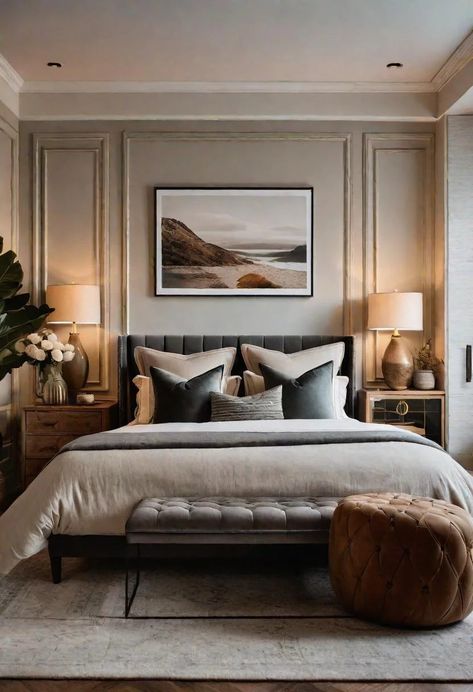 Master Bedrooms European, Rh Modern Bedroom, Bedroom Luxury Elegant Modern, Hotel Chic Bedroom, Dreamy Bedrooms Romantic, Tonal Bedroom, Transitional Modern Bedroom, Main Bedroom Ideas, Modern Masculine Bedroom