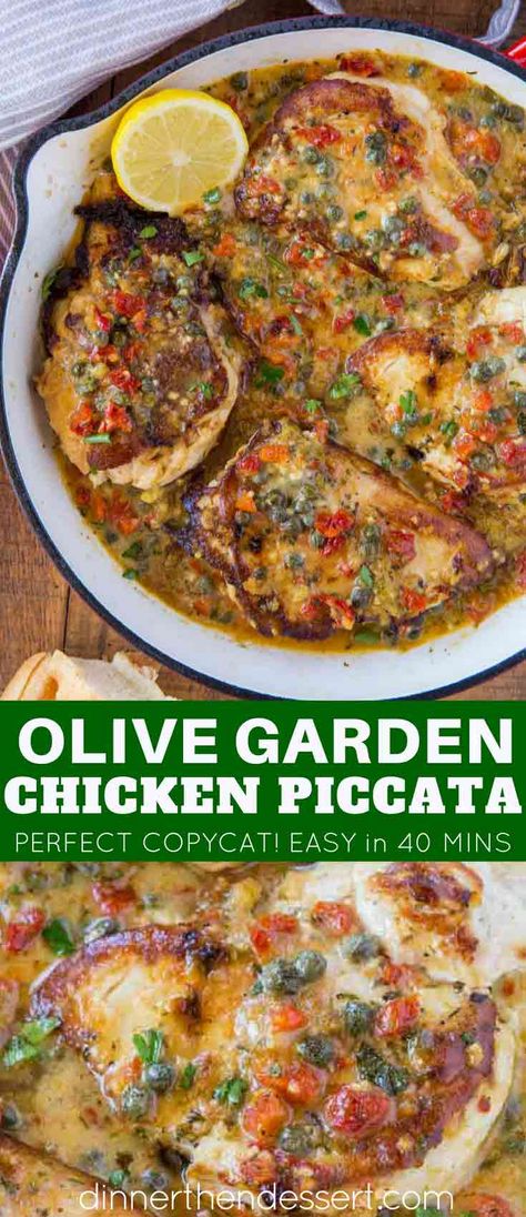 Olive Garden's Chicken Piccata is a delicious take on the classic with butter, lemon, capers, sun dried tomatoes and heavy cream. You won't miss the restaurant version! | #chickenpiccata #olivegarden #olivegardencopycat #copycatrecipes #copycat #dinnerthendessert #chicken #chickenrecipes #copycatchickenrecipes #capers #buttersauce #italianfood #italianrecipes Olive Garden Chicken, Copycat Recipes Olive Garden, Chicken Piccata Recipe, Olive Garden Recipes, Meat Restaurant, Copykat Recipes, Chicken Piccata, Sun Dried Tomatoes, Olive Gardens