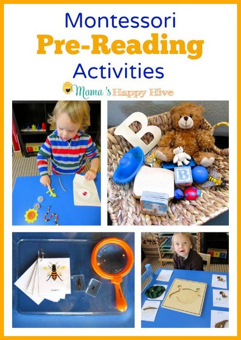 Enjoy six Montessori pre-reading activities for toddlers and preschoolers. These Montessori inspired activities include reading books, treasure baskets, labeling the environment, language mystery bags, matching work, and reading booklets. - www.mamashappyhive.com Language Development Activities, Pre Reading Activities, Mystery Bags, Montessori Lessons, Kids Reading Books, Preschool Reading, Montessori Toddler Activities, Montessori Preschool, Preschool Letters