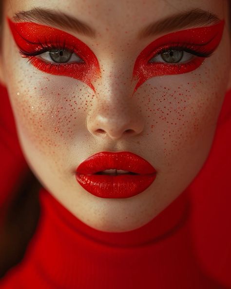 Editorial Makeup Looks Avant Garde, Avant Garde Lip Makeup, Red Makeup Looks Halloween, Halloween Makeup Looks 2024, Monochromatic Eye Makeup, Red Editorial Makeup, Creative Makeup Photography, Red Fashion Editorial, Fashion Makeup Editorial