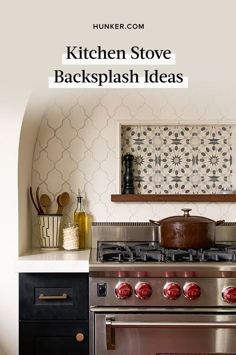 From a functional standpoint, a stove backsplash makes cleanup easy — oils and sauces that spatter the wall can be quickly wiped down, as opposed to absorbing into paint or drywall. Ahead, we're sharing 11 stove backsplash ideas that are sure to get your wheels turning. #hunkerhome #stove #backsplash #backsplashideas #kitchen Mexican Tile Backsplash Kitchen, Arabesque Tile Backsplash Kitchen, Mexican Tile Backsplash, Arabesque Tile Backsplash, Backsplash Arabesque, Kitchen Backsplash Trends, Stove Backsplash, Arabesque Tile, Kitchen Backsplash Designs