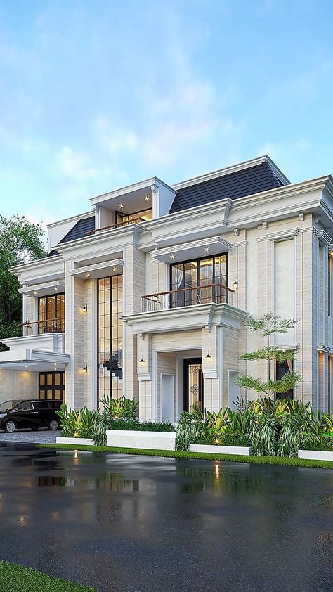 Modern Classic Villa Exterior, Classic Villa Exterior, Glass House Design, Dubai Houses, House Outer Design, Luxury Beach House, Classic House Exterior, Classic House Design, Building House Plans Designs