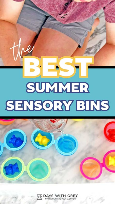 Beat the summer heat with these fun and easy summer sensory bin ideas, perfect for those warm and sticky days during summer break. Simple to set up and guaranteed to entertain kids at home endlessly, sensory play ideas will keep kids busy during the long summer days. Dive into this collection of refreshing and creative outdoor sensory play ideas that will invite water play and sensory exploration. Save this list to fill your summer with endless fun and excitement! Backyard Summer Toddler Activities, Outdoor Sensory Play Ideas For Kids, Summer Themed Sensory Bin, Summer Sensory Bin Preschool, Summer Sensory Bin Ideas, Summer Sensory Bins, Summer Sensory Activities, Summer Sensory Play, Summer Sensory Bin