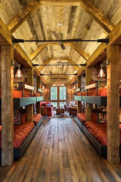 Cozy rustic bunkhouse getaway in Northern Wisconsin Rustic Bunk Beds, Wooden Wall Design, Rustic Bedroom Design, Bunk Rooms, Barndominium Floor Plans, Attic Renovation, Design Room, Shared Bedrooms, Bunk House