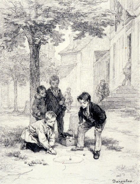 Boys Playing Marbles, ca. 1860. | In the Swan's Shadow Playing Marbles, French Culture, Graphite Drawings, Boys Playing, Classic Kids, French Art, Art Google, Pictures To Draw, Children Illustration