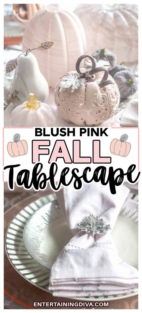 Beautiful Fall Tablescape With Blush Pink Pumpkins | Holidays and events Pink Fall Table Decor, Pastel Thanksgiving Table Decor, Autumn Table Setting, Pink Thanksgiving, Pink Tablecloth, Pumpkin Candle Holder, Spring Table Settings, Pumpkin Centerpiece, Thanksgiving Dinner Table