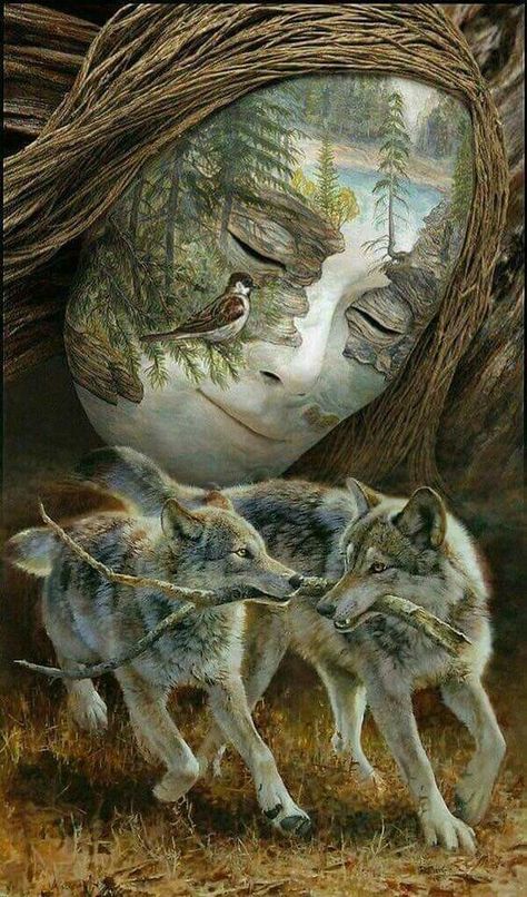 Image Illusion, Illusion Paintings, Native American Wolf, Wolves And Women, Earth Mother, Wolf Artwork, Wolf Painting, Native American Pictures, Fantasy Wolf