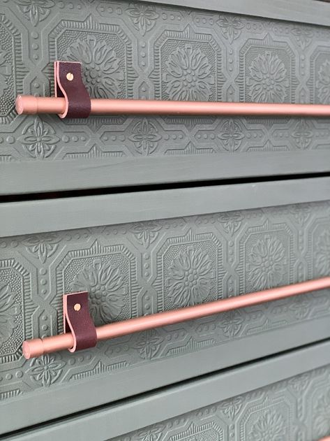 Texture On Furniture, Ikea Hemnes Dresser Hack Boho, Ikea Malm Dresser Hack Wallpaper, Paintable Wallpaper Ideas Projects, Ikea Hack Malm Dresser, Paintable Wallpaper On Dresser, Transform Dresser Projects Ideas, Wallpaper Wrapped Furniture, Wallpaper Dresser Diy