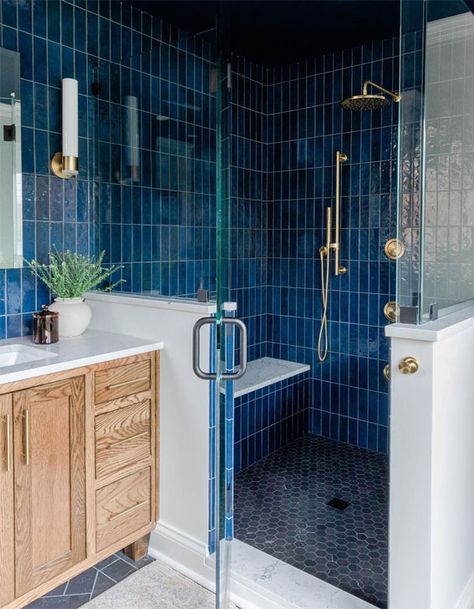 Shower With Blue Tile, Bathroom Remodel Blue Tile, Indigo Blue Bathroom, Blue Subway Tile Bathroom, Blue Tiles Bathroom, Modern Blue Bathroom, Kid Bathrooms, Blue Tile Bathroom, Blue Shower Tile